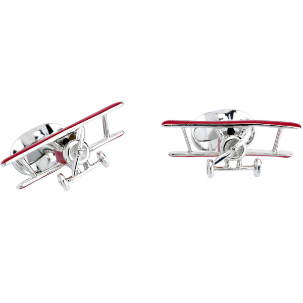 Sterling Silver Red Biplane Cufflinks with Rotating Propeller