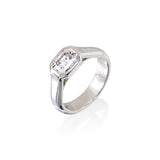 Lady's Platinum 'Tiffany & CO' Lucida cut diamond engagement ring. Diamond is F Color, VVS1 Clarity. Diamond is Horizontally set in a bezel. Cut Cornered Rectangular, 1.15cttw, No Flouresence, Very Good Symmetry, Very Good symmetry, very small culet,