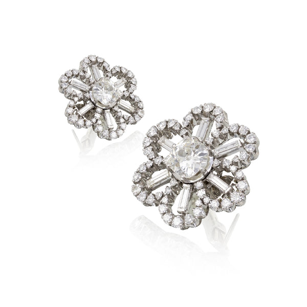Platinum Art Deco Diamond Flower Earrings