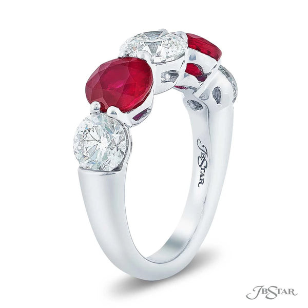 Gorgeous 5 stone ruby and diamond wedding band featuring 3 round diamond and 2 round rubies.