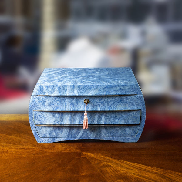 Sea Blue Jewelry Box w/ mirror and two drawers, 36x27x19cm made in Sorrento