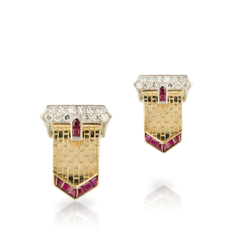 14KT. Yellow Gold Diamond and Synthetic Ruby Earrings