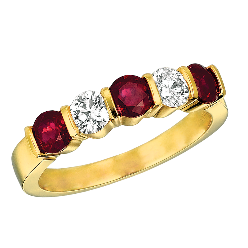 18KT Yellow Gold 5 Stone Diamond and Ruby Ring