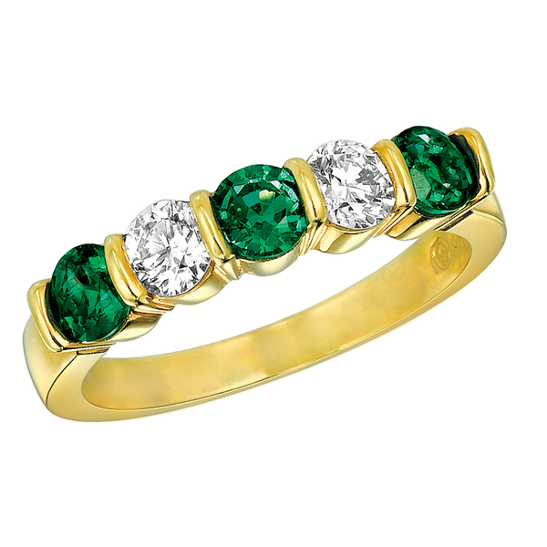 18KT Yellow Gold 5 Stone Diamond and Emerald Ring