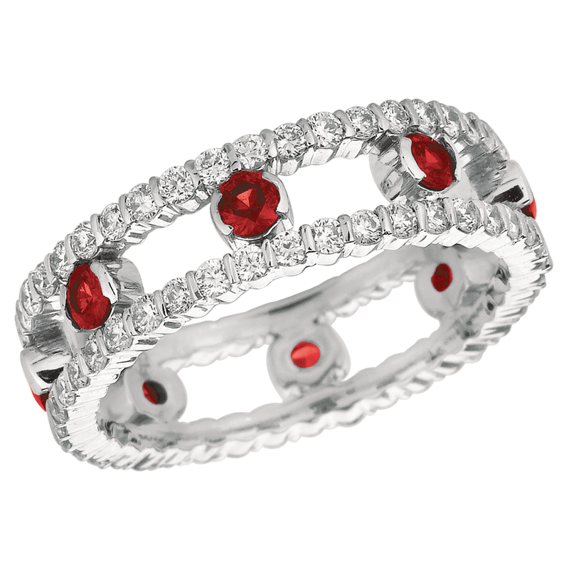 18KT White Gold 2 Row Diamond and Ruby Dot Ring