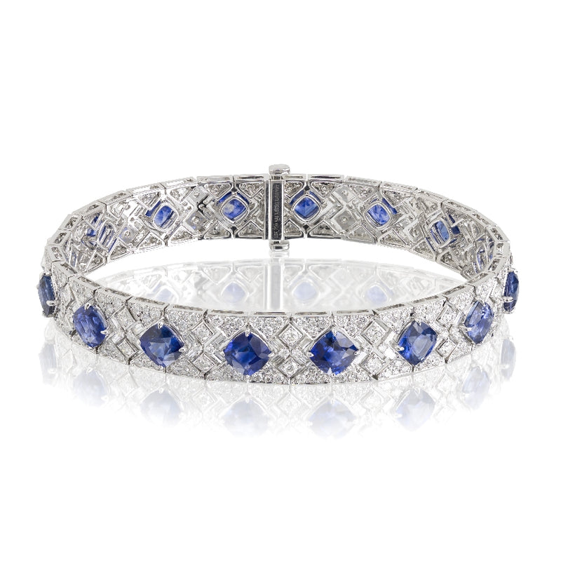 Diamond and Sapphire bracelet complete with 13.64 cts of Sri Lankan Sapphires and 4.70cts of E-F, VVS-VS color. Crafted in 18k white gold