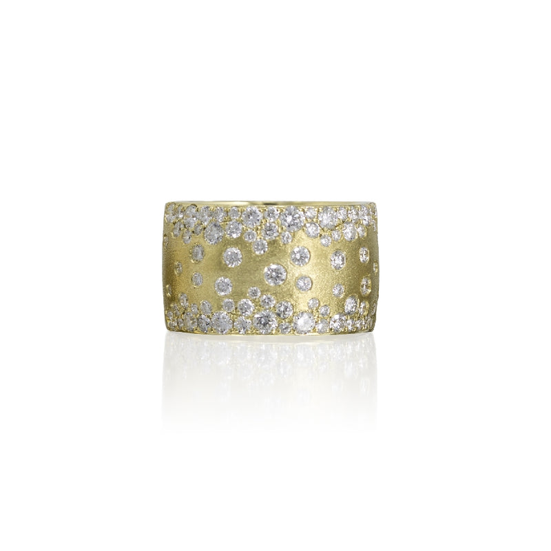 14Kt Green gold, diamond scattered 12.3MM wide flush ring. Satin finish. 1.54tw Diamonds. Holiday Lights Collection. 