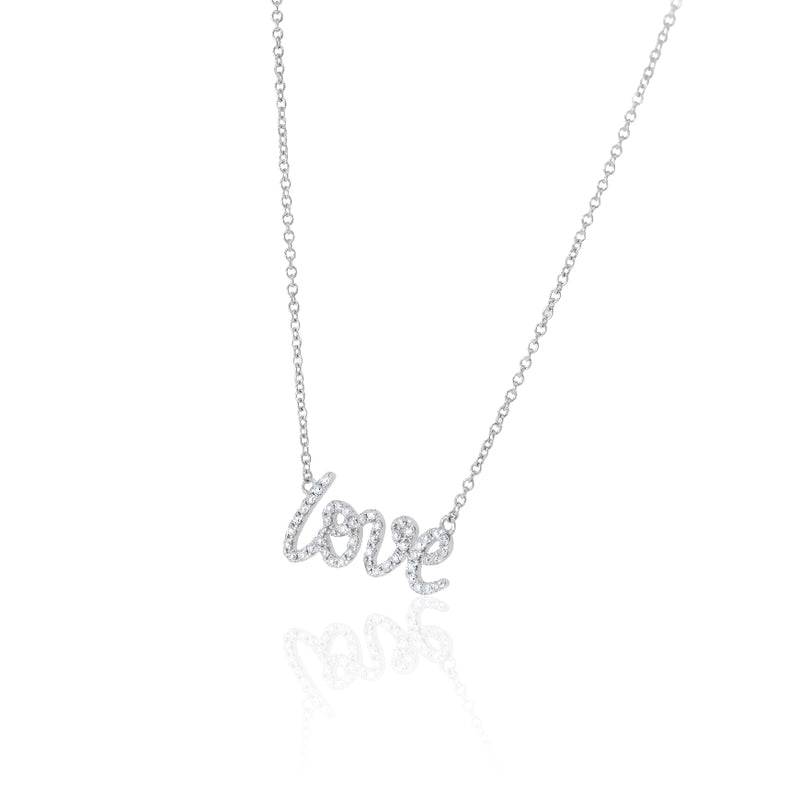 14kt White Gold diamond 'love' pendant on an 18 inch cable chain G color, SI clarity