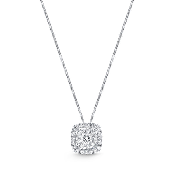 Bouquet Cushion Halo Pendant White Gold and Diamond Necklace .75 ct.