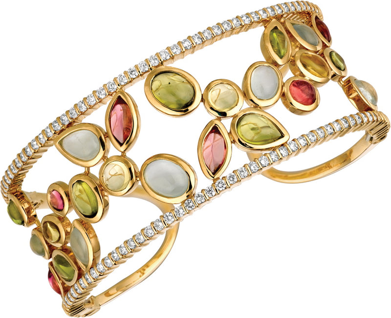 Winsome multi color gemstone cabochon bangle cuff bracelet.