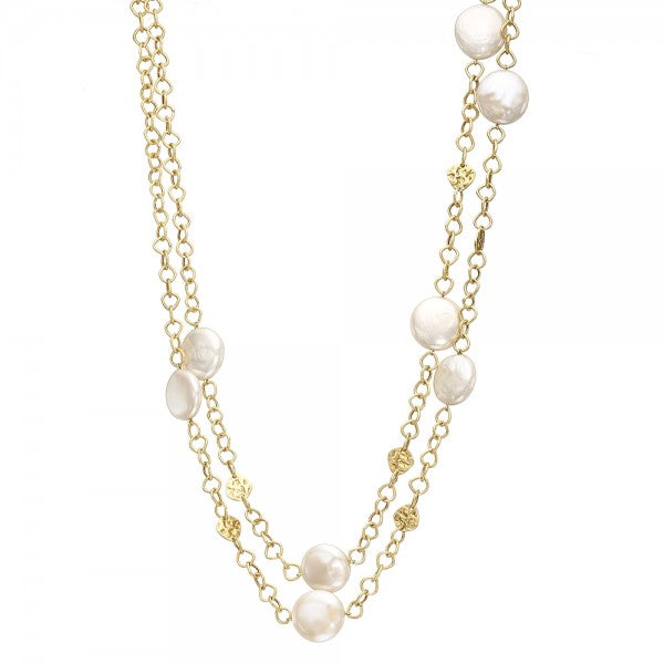 Graceful Cultured Freshwater Coin Pearl & Gold Nugget Long Necklace