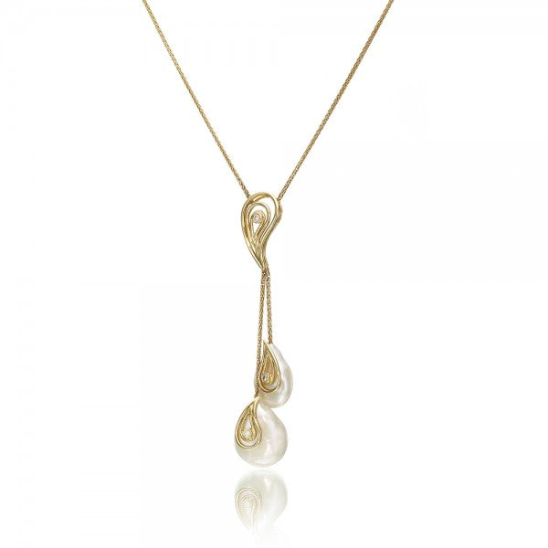 Seductive Cultured Freshwater Coin Cultured Pearl & Diamond Gold Necklace